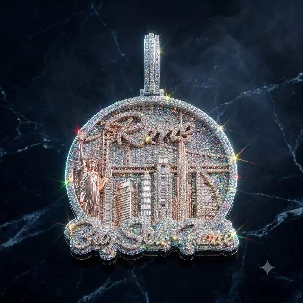 Iced Out Round Pendant for Rappers, Hip Hop Bust Down Necklace with NYC Skyline, 2-Tone Metal Coating and Icy Glitter, Paved Vvs Stones, Iced Out New York City Skyline, Manhattan Skyscrapers, City Skyscrapers, Retro, Tribute To Nyc Hip-Hop Heritage, Jewel