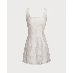 White Textured Square Neck Slip Mini Dress