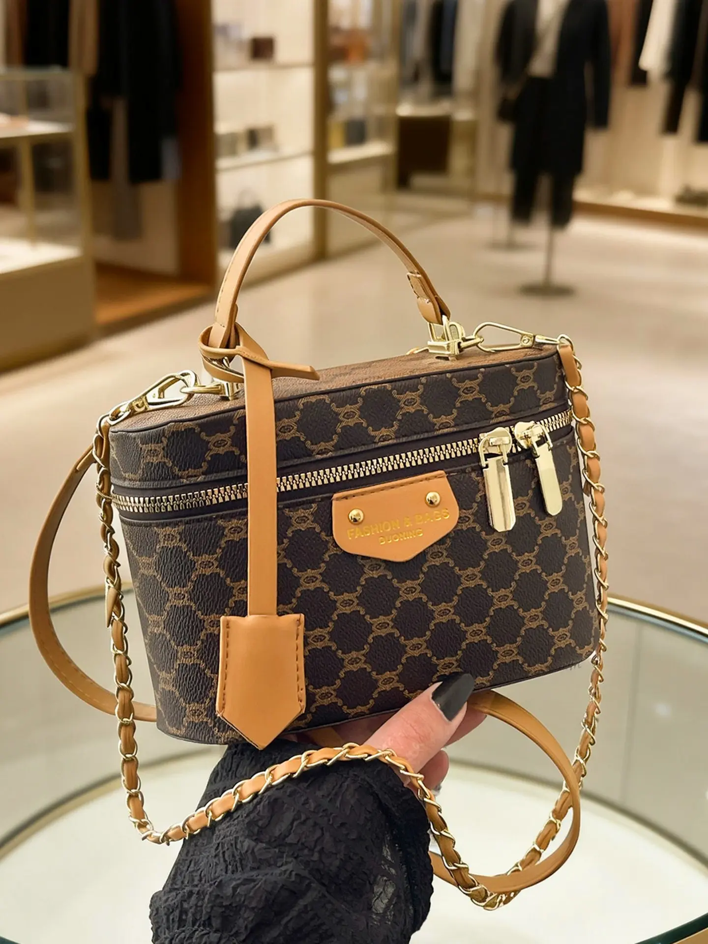 Women's Vintage Monogram Crossbody Bag, Fashion Crossbody Bags, Fashion Box Purse with Chain Strap and Top Handle, Retro Printed PU Leather Single Shoulder Handbag Double Zipper Multi-functional for Daily Travel Shopping Work