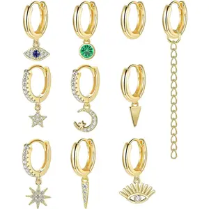 Jstyle 10 PCS Golden Tone Plated Small Dangle Earrings Set With Charm For Women Mini Hoop Dangle Earrings CZ Huggie Hoop Earrings Moon Star Evil Eye Hoop Earrings Daily