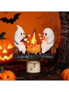 Halloween Indoor Plug-In Night Light: Ghost Campfire Design with Flickering Flame & Spooky Marshmallow - Cute Funny Spooky Decor