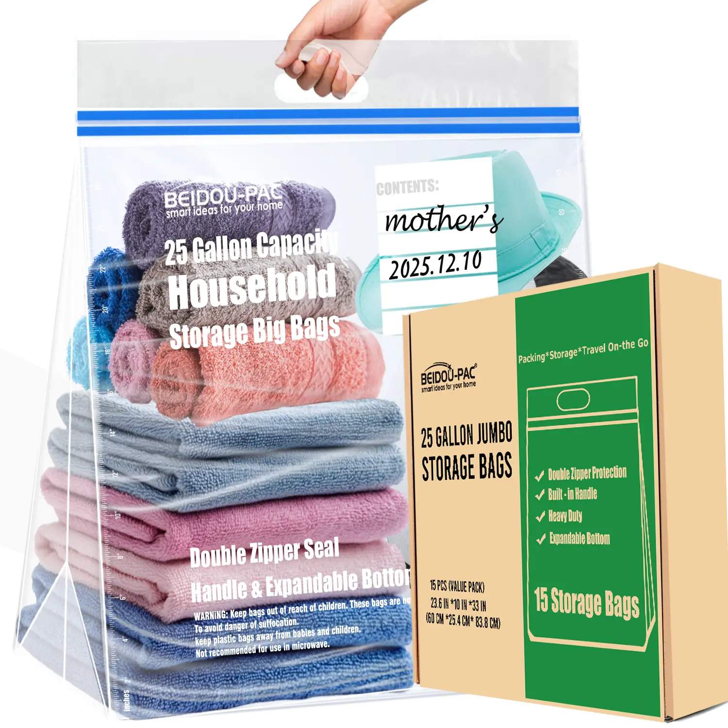 BEIDOU-PAC 25 Gal Jumbo Storage Bags with Handles, 15-Count - Double Zipper Seal, Expandable Bottom, Resealable Clear Zip Bags for Home Organization, Moving, Outdoor Use