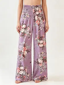 Lavender Floral High Waist Wide Leg Pants, Summer Casual Boho Palazzo Trousers with Pockets, All over Print, Fitted Style