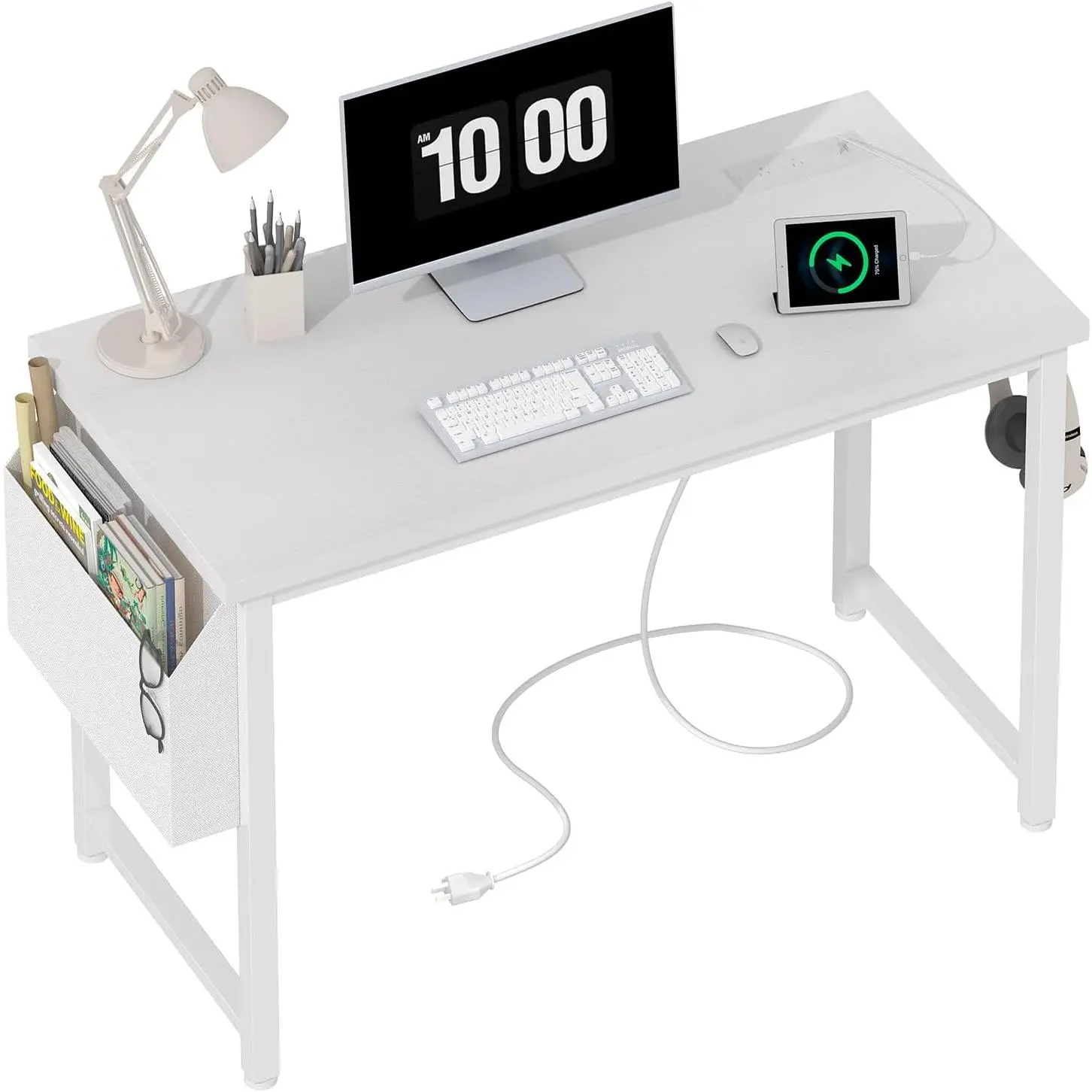 White 39-in Computer Desk with Built-in Power Outlet - Home Office Writing Desk for Boys, Girls, Adults, Synthetic Student Study Use (40-in Option Available)