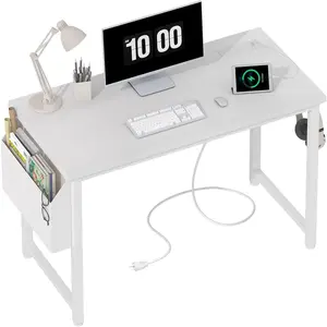 39 inch White Computer Desk with Power Outlet, 40 inch Teen Study Table Home Office Work Writing Desks with  Station Outlets Built in, White
