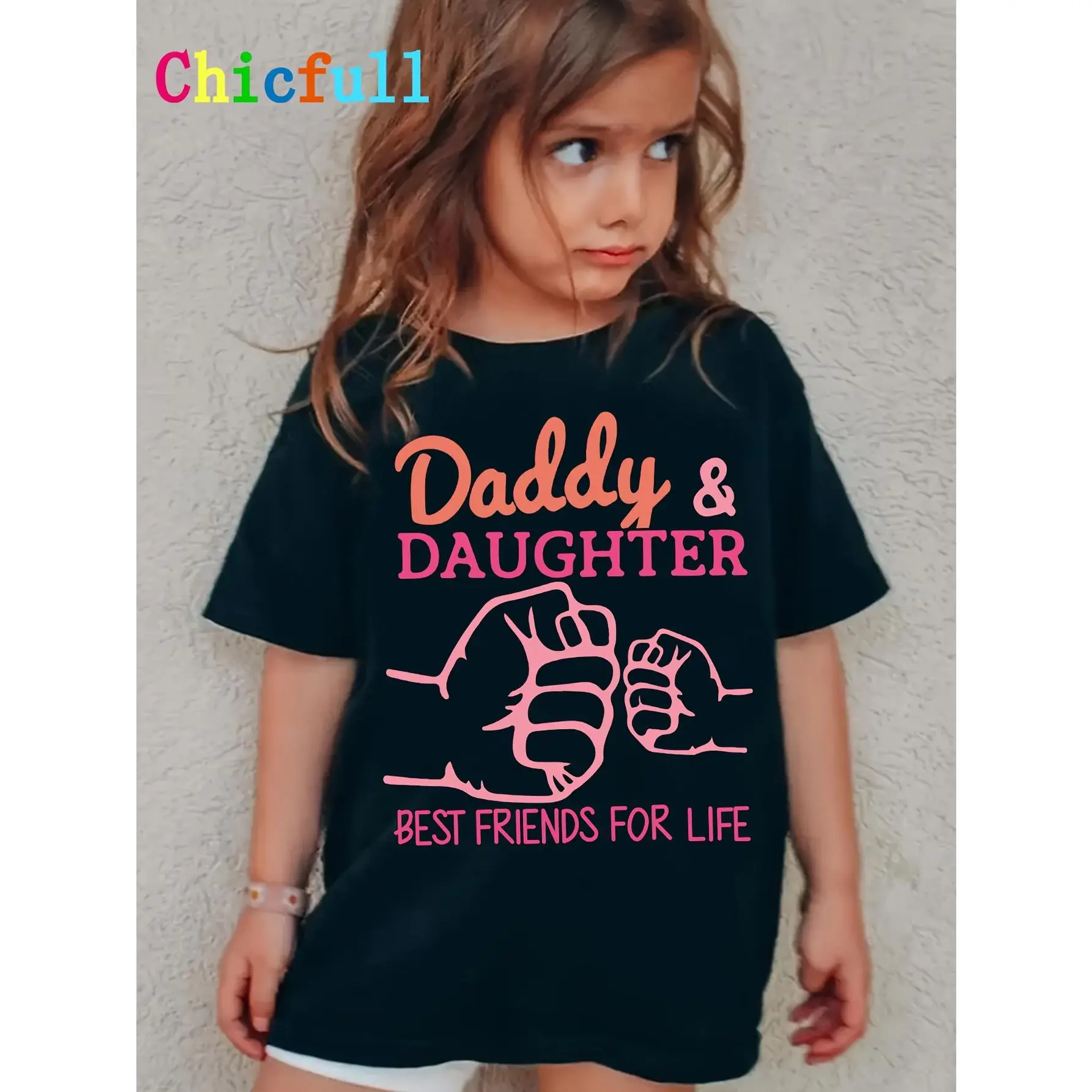 Chicfull Girls' "Daddy & Daughter Best Friends for Life" Graphic Tee - Casual Black Polyester T-Shirt with Pink Fist Print, Round Neck, Machine Washab