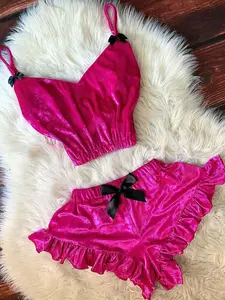 Women's Ruffle Bow-Tie Flounce Design Magenta Sleepwear