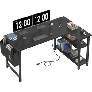 L Shaped Computer Desk with Power Outlet Shelves, 47 Inch Corner Desk for Home Office Bedroom, L-Shaped Study Writing Working PC Desks, Black