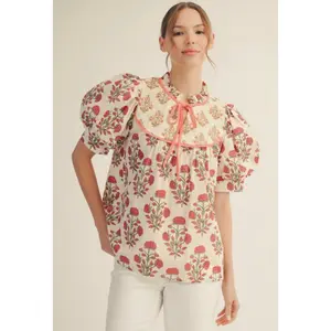 Floral Tie Neck Patchwork Blouse