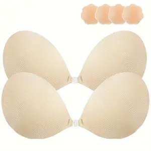 Niidor 2 Pack Sexy Invisible Strapless Bra With Self-Adhesive Nipple Covers, Comfortable And Sweat-Absorbing Push-Up Bras For Women Backless Dresses And Tops