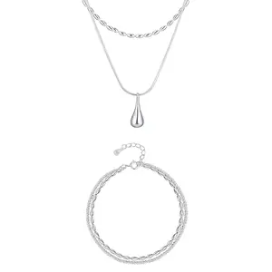 925 Sterling Silver Layered Necklace & Bracelet Set | Teardrop Pendant Minimalist Jewelry for Everyday Wear