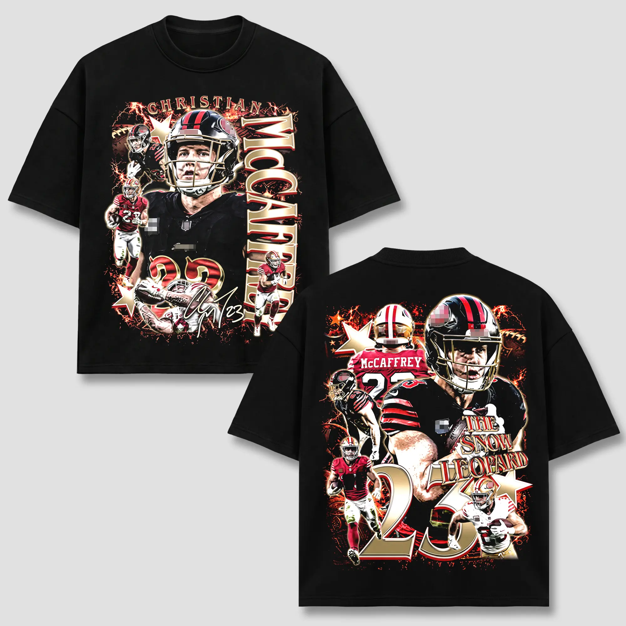 C.McCaffrey #23 T-Shirt, SF 49rs RB Football Player Merch, Scarlet Gold Vintage Graphic Apparel, Retro 90s Bootleg Sports Wear, Footbal Fan Heritage Gift, Men Women Heavyweight Oversized Black Acid Wash Top