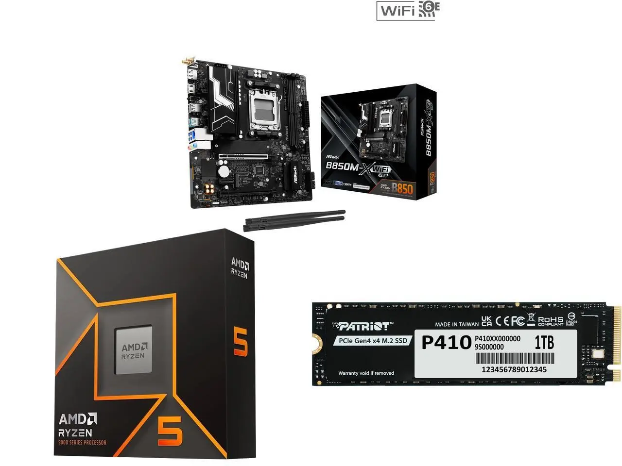 ASRock B850M-X WiFi R2.0 AM5 AMD B850 Micro ATX Motherboard, AMD Ryzen 5 9600X 6-Core 3.9GHz, Radeon Graphics, Patriot P410 1TB SSD Gen 4 PCIe 4.0 x4, 5,000MB/s