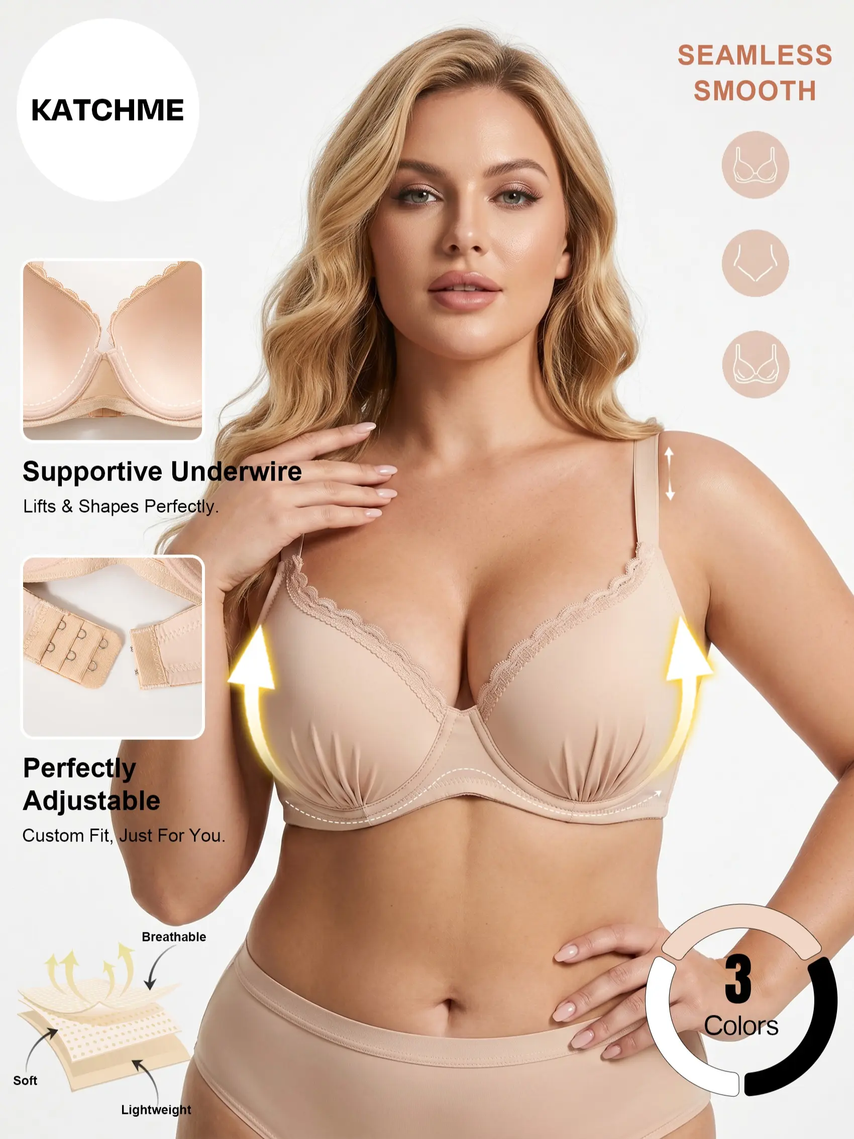 Katch Me Chic Women's Elegant Lace Trim Ruched Underwire Bra, Seamless Adjustable Strap Prevent Sagging Push-Up Bra, Plus Size Skin-Friendly Underwear for Natural Lift & Gentle Shaping