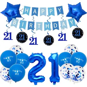 21st Birthday Party Decorations for Boys Girls Men in Blue Comprise Balloons with Swirl Decorations, A Happy Birthday Banner, A Set of 16-Inch "21" Numbers and Star Foil Balloons in Blue
