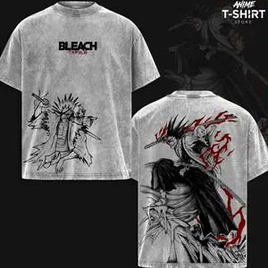 Kenpachi Zaraki Bleach Vintage Washed Oversized Anime T-Shirt, Heavyweight Cotton Streetwear Graphic Tee, Dark Manga Line Art Back Print, Unisex Loose Fit Japanese Anime Shirt, Classic Bleach Anime Streetwear Gift YMN