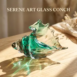 Krystal 100% Hand-Blown Art Glass Conch - Emerald Green Gradient with Shimmering Gold Flakes, Glows in Light to Cast Magical Rainbow Prisms - One of a Kind Serene Elegant Home Decor for Office Desk Bedside Table Living Room Vanity