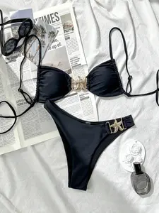 Women's Solid Color Starfish Decor Bikini Set, Solid Backless Swimsuit, Tie Back Adjustable Spaghetti Strap Bikini Top & High Cut Swim Bottom Two-piece Swimsuit for Beach Holiday Vacation, Ladies Swimwear, High Rise Swimwear