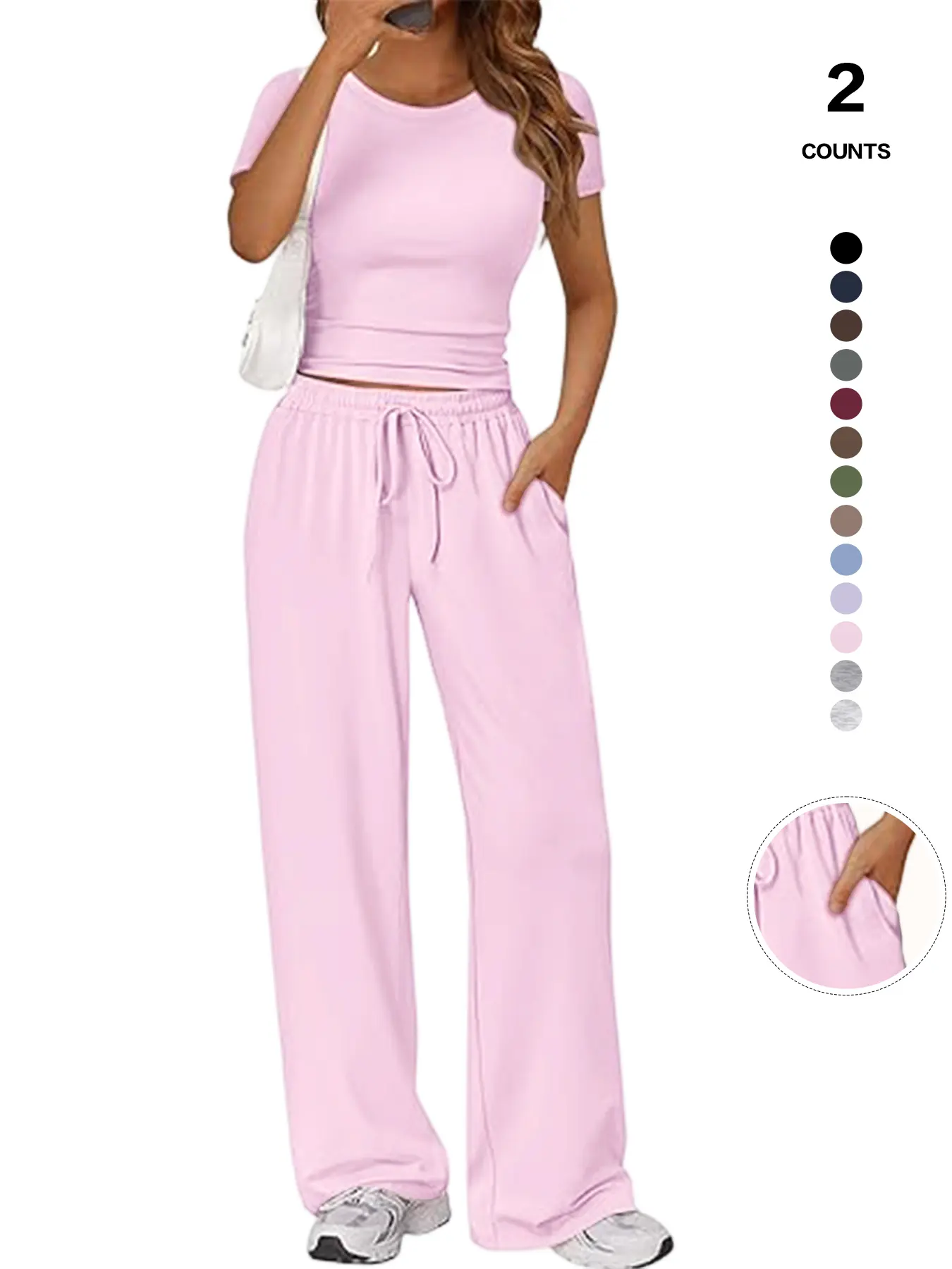 Women's Spring Summer Casual Set, Round Neck Short Sleeve Top & Wide Leg Pants, Slim Fit Home Wear, 2 Piece Comfortable Women's Spring Summer Casual Set, Round Neck Short Sleeve Top & Wide Leg Pants, Slim Fit Home Wear, 2 Piece Comfortable