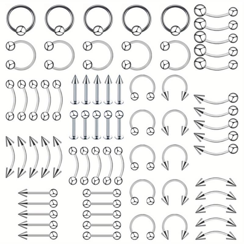 85PCS Classic Eyebrow Nail, Nose Ring, Nose Nail, Tongue Nail, Navel Nail, Septum Clicker，Eyebrow Puncture Nail Set Stainless Steel Mixed Nose Ring Nose Stud Jewelry Piercing Set Body Piercing Jewelry