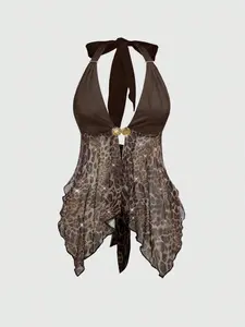 SHANIAH Grunge Punk Summer Music Festival Fashion - Wild Chic Retro Leopard Print With Rhinestone & Metal Chain Halter Neck Tight Asymmetrical Hem Women Tank Top