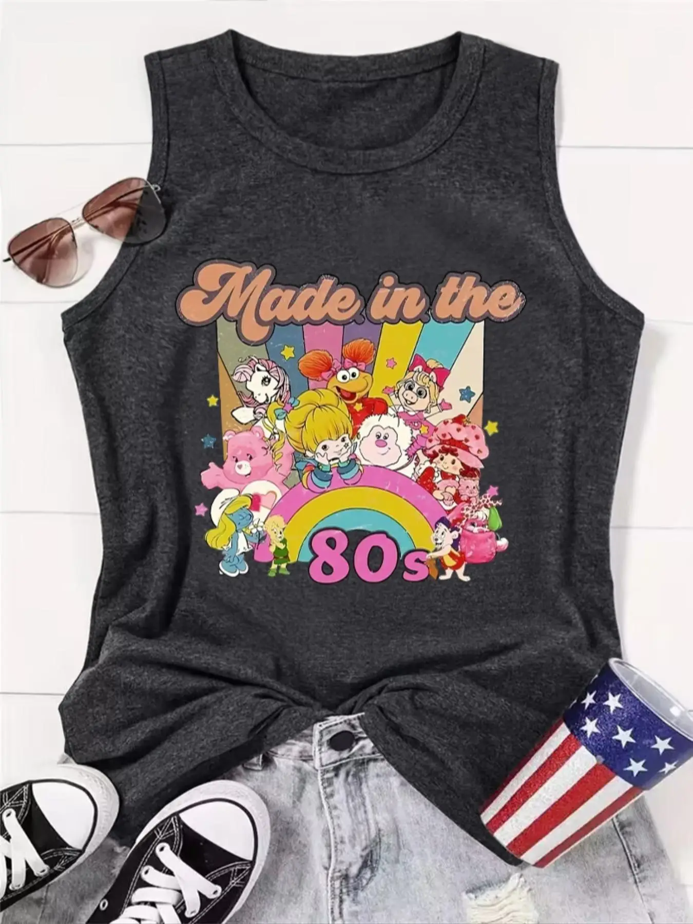 Women's "MADE IN THE 80'S" Letter & Cartoon Print Tank Top, Casual Sleeveless Round Neck Top for Daily Wear, Women's Tops
