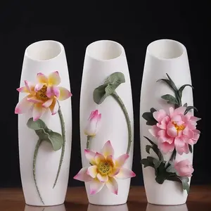 Light Luxury Hand Pinched Ceramic Lotus Vase, Premium Oriental Chinese Style Decor Vase, Elegant Large Art Craft for Living Room TV Cabinet Entryway Home Display