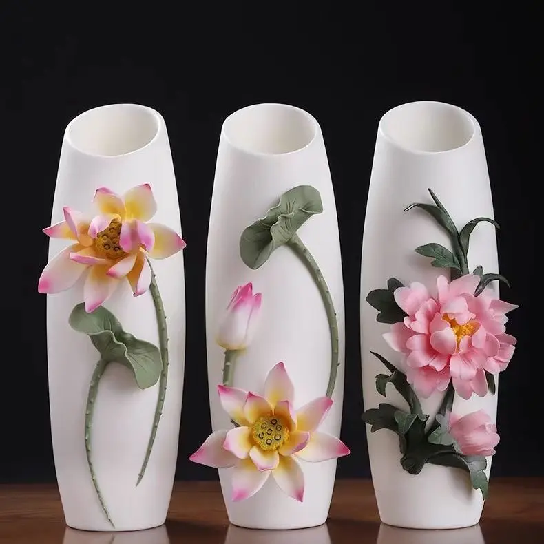 Light Luxury Hand Pinched Ceramic Lotus Vase, Premium Oriental Chinese Style Decor Vase, Elegant Large Art Craft for Living Room TV Cabinet Entryway Home Display