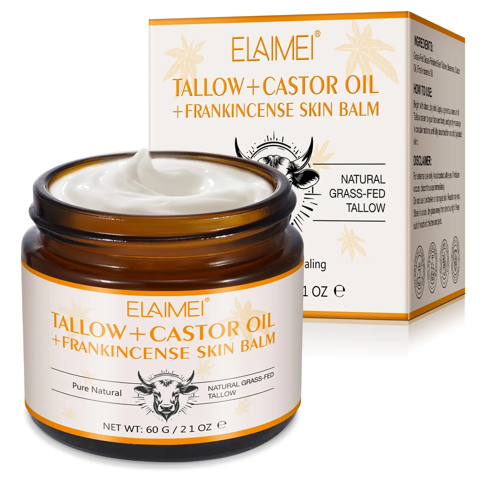Elaimei Natural Moisturizing Balm, Moisturizer, Hydrating, 60g, Contains Grass-Fed Beef Tallow & Beeswax, Suitable for All Skin Types, Intensive Hydration