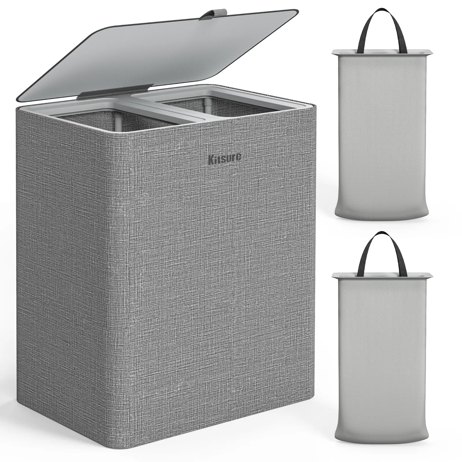 Kitsure Large Laundry Hamper 95L Dark Gray Double Divider Laundry Basket with Lid & Removable Inner Bags Heavy Duty Rolling Clothes Hamper for Bathroom Bedroom