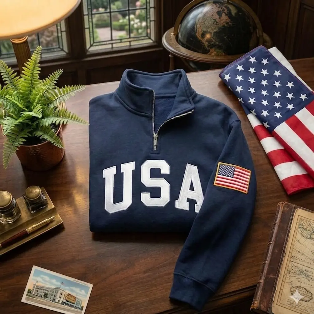 Embroidered USA Quarter Zip Sweatshirt, Retro USA With Flag Shirt, USA Pride, Semiquincentennial Gift
