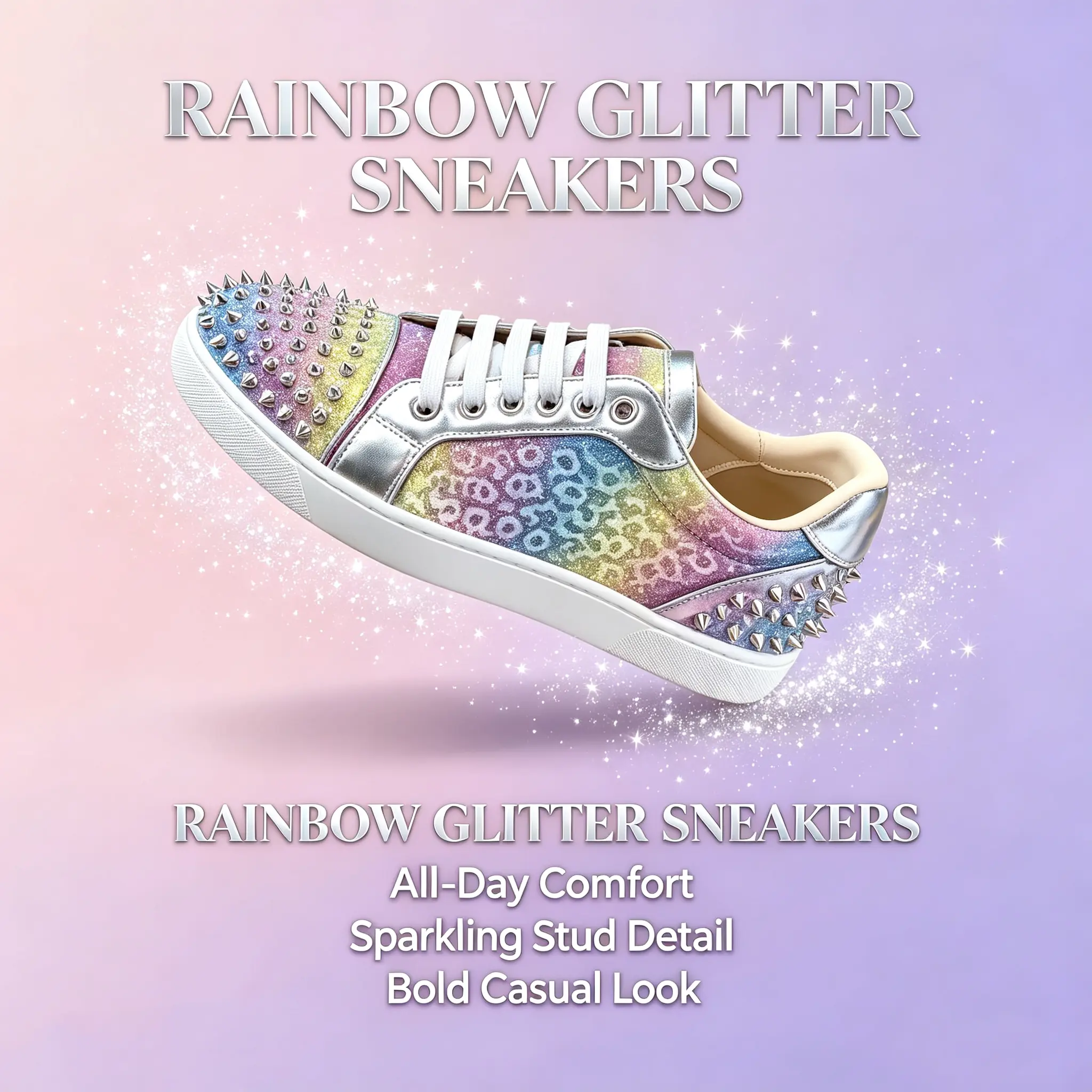 Rainbow Glitter Studded Low Top Sneakers, Comfort Flat Casual Walking Shoes, Sparkly Rhinestone Fashion Streetwear Footwear for Daily Commute Party