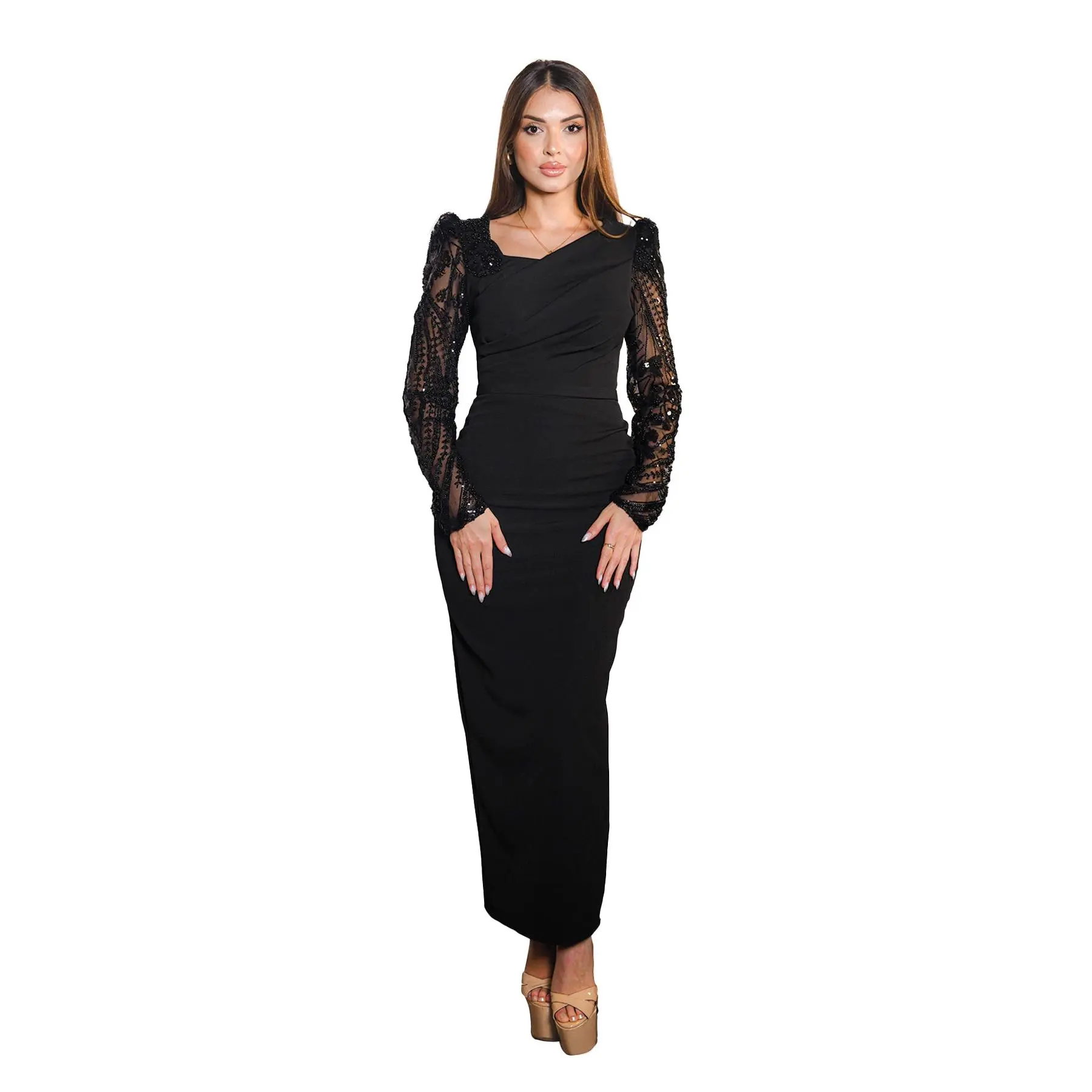 Mariah Black Embellished Long Sleeves Midi Dress