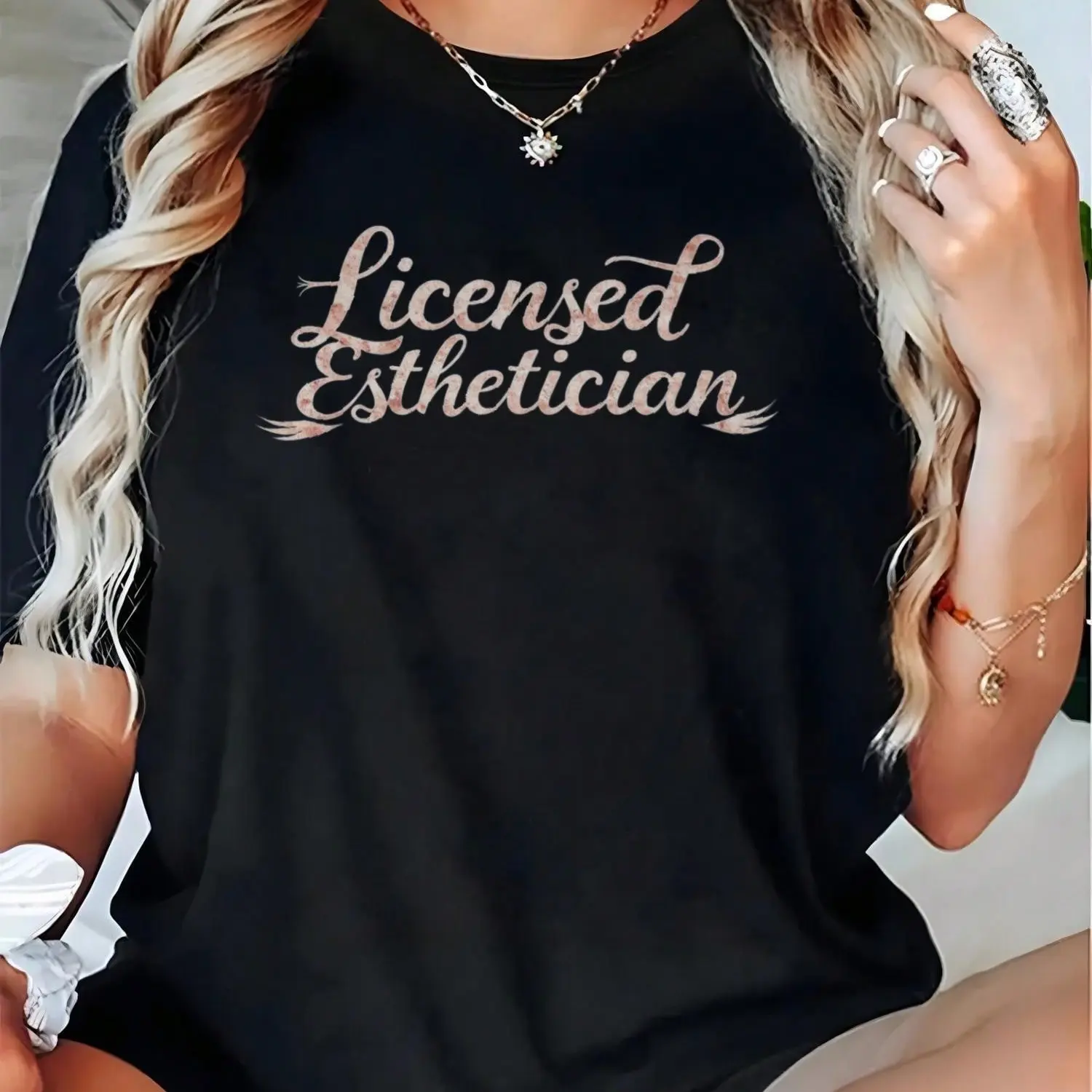 Women's Licensed Esthetician Graphic T-Shirt - Colorful, Comfortable, Lightweight Crew Neck Short Sleeve Tops with Cursive Alphabet Black-Pink Letter Style