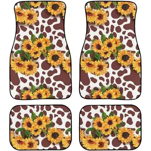 Brown Cow Print Sunflower 4pcs Car Floor Mats All Weather Floor Car Mats Automotive Floor Mats Universal Fit Most Cars,SUVS,Sedans Car Accessories