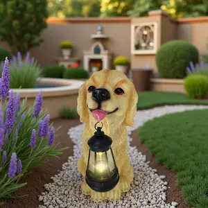 Solar Garden Dog Statue 12 Inch Golden Retriever with Lantern, Resin Outdoor Decor Puppy Figurine Light Yard Porch Ornaments, Led Garden Decoration Outdoor Lighting Decor for Patio Lawn Flowerpot, Easter Gifts for Dog Lovers