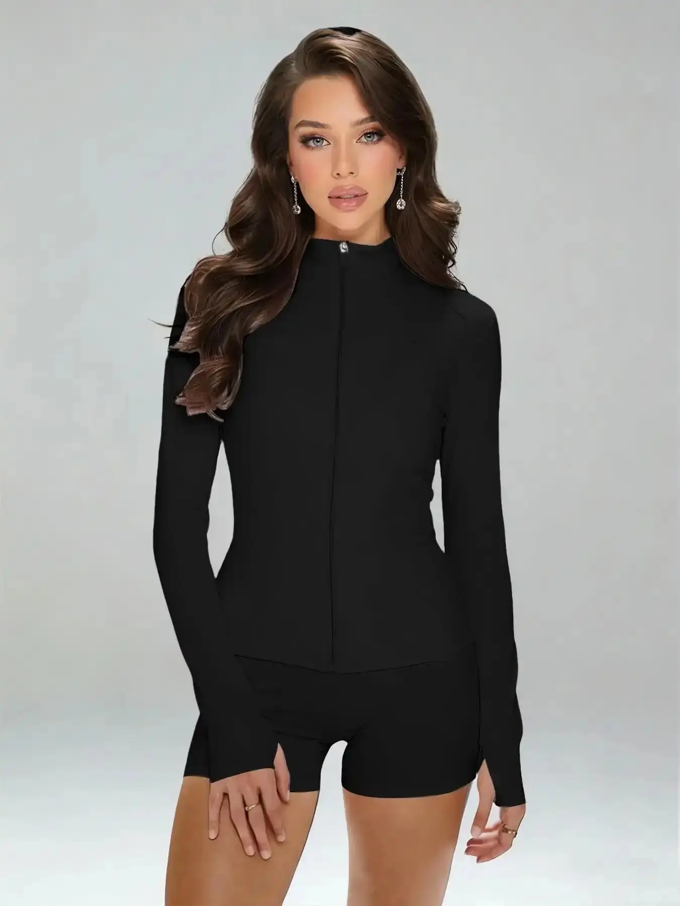 Women's Slim-Fit Sporty Jacket, Zipper Design Running Yoga Outerwear, Thumbholes, Breathable, All-Seasons Plain Surface Soft Fabric Bottoms Casual Top Fitted Weekend Outfit Joggers Holiday Wear Gift for Her Sweater