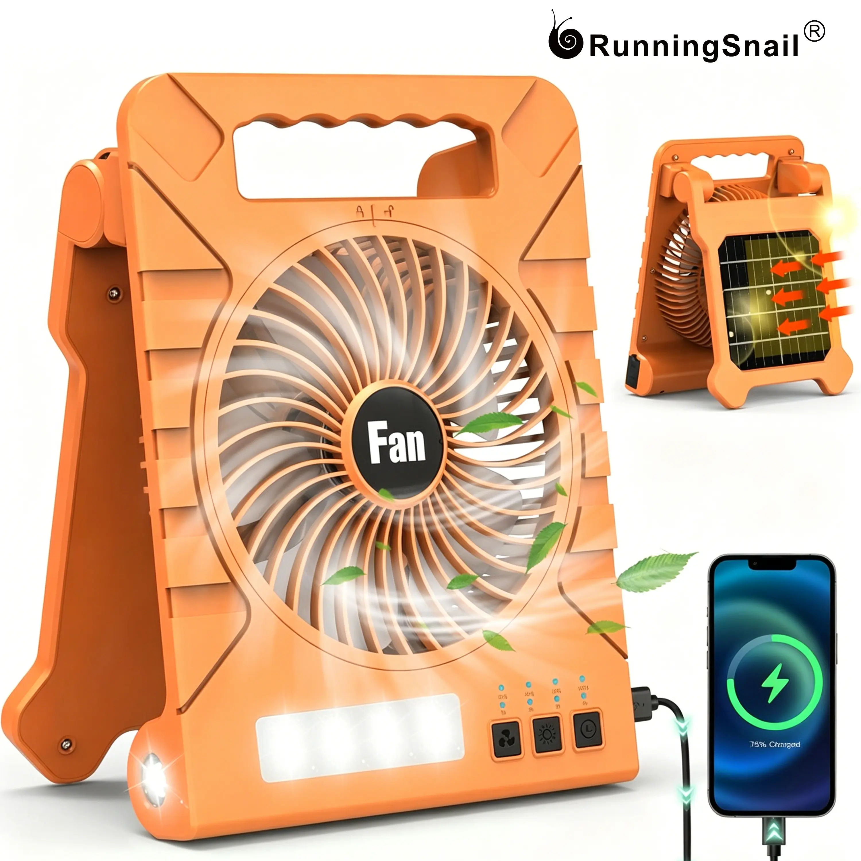 Rechargeable Solar Outdoor Cooling Fan - Folding Detachable Desk Model, Outdoor Gadgets, Pocket USB & Mobile Fans, Mini Power Bank Combo, 4 Adjustable Speeds, LED Light, Energy Efficient, USB Charging, Multifunctional Shell, Portable for Hiking Home Use