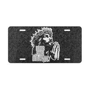 Dios Por Delante License Plate, Jesus Crown of Thorns Praying Hands, Spanish Christian Car Tag, Religious Decor, Aluminum Sign, 12x6