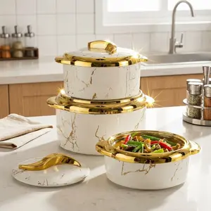 3-piece set of Scandinavian marble pattern insulated pot with gold trim and lid, home dining table thermal food bowl, food preservation box,summervibes