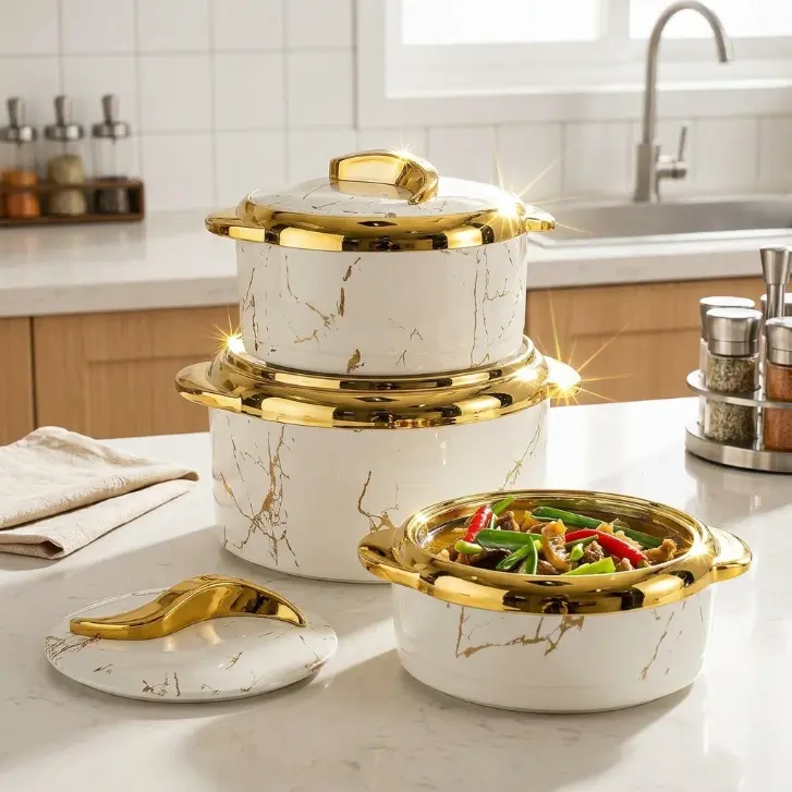 Scandinavian Marble Pattern 3-Piece Insulated Food Storage Kit - Gold-Trimmed Lidded Thermal Bowls, Cost-Effective Home Dining Cookware for Adults, Family