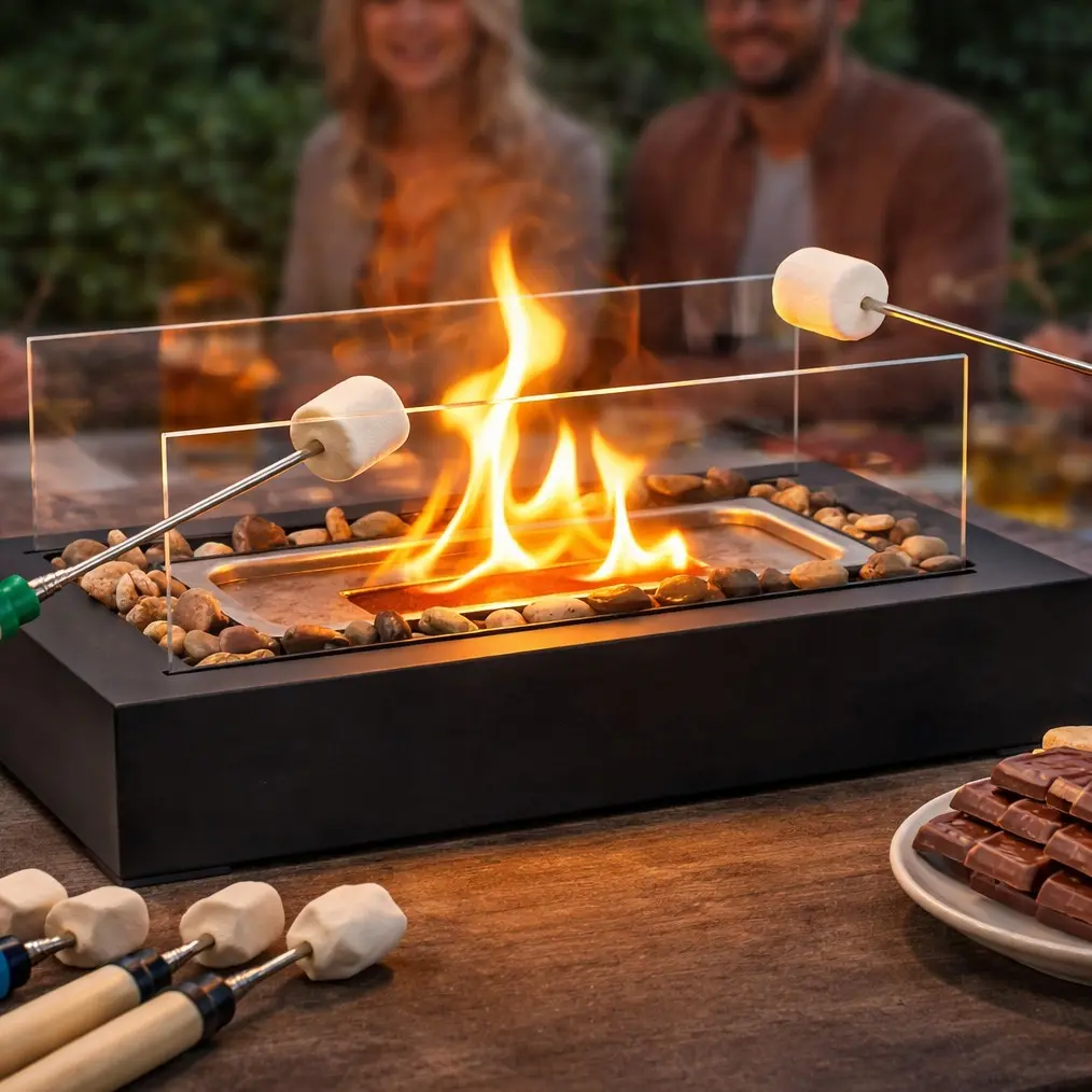 Smokeless Tabletop Bio-Ethanol Fire Pit with Tempered Glass Protective Cover, Grill Bar & Pebbles - Rustic Charm Holiday Decor Blending Safety and Style, Home Accessory & Grandparent Gift