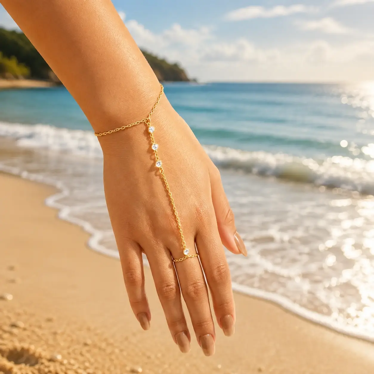 Hand Chain Bracelets for Women Trendy Fashion Bracelet Stackable Bracelets 2 Piece Adjustable Finger Ring Bracelet Stack Dainty 14K Gold Plated CZ Layered Beaded Hand Chains Jewelry Gifts