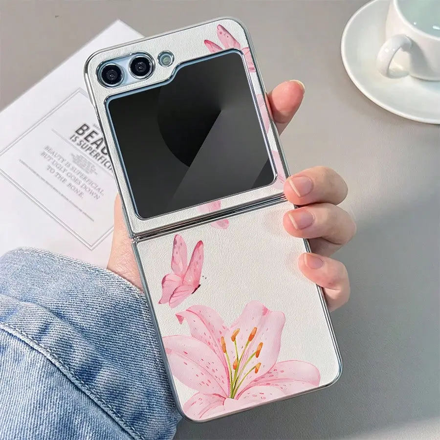 Pink Lily and Pink Butterfly Pattern phone case compatible with Samsung galaxy z flip 6 5 moto razr 50 razr60,z fold 6 zfold zflip Cover Protective Shockproof Casing White cases Fashion Pattern Phone Case with Phone Strap Protection Smartphone Protector