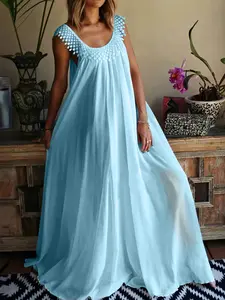 Elegant Women's Summer Casual Vacation Dress, Loose Fit Slimming Solid Color Long Skirt, Fringe Lace Collar, Perfect for Spring and Autumn