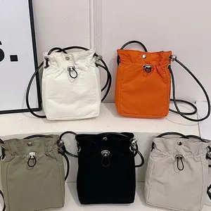 Women's Small Crossbody Shoulder Bag, Retro Casual Nylon Phone Pouch with Drawstring Closure, Adjustable Strap Mini Handbag & Coin Purse for Daily Commute, Travel & Outings