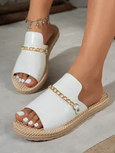 Simple Glossy Flat Sandals, Casual Daily Chain Decoration, Grass Pattern Thick Sole Heeled Women's Flip Flops, Comfortable and Stylish Footwear Summer