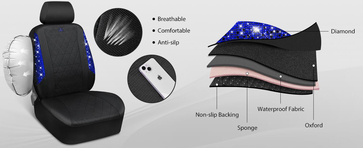 CAR PASS Oxford Bling Diamond Car Seat Covers 2 Front Interior Sets, Waterproof Shining Glitter Sparkly Crystal Universal Armrest Fit 95% Automotive Truck SUV Cute Women Girl, Black Blue Rhinestone