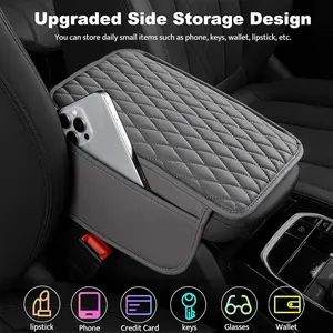 Car Center Console Cover, Upgraded Faux Leather Armrest Seat Box Cover with 2 Storage Bags, Universal Waterproof Car Armrest Cover Cushion Comfortable Car Decor Accessories for Most Vehicles ( Gray)