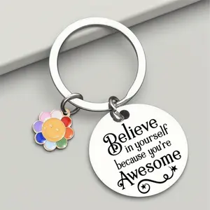 [Joyful Face Keychain] 1 Joyful Face Stainless Steel Keychain - "Believe in Yourself, You're Awesome" - Perfect Graduation Gift for Son and Daughter Christmas Thanksgiving Present